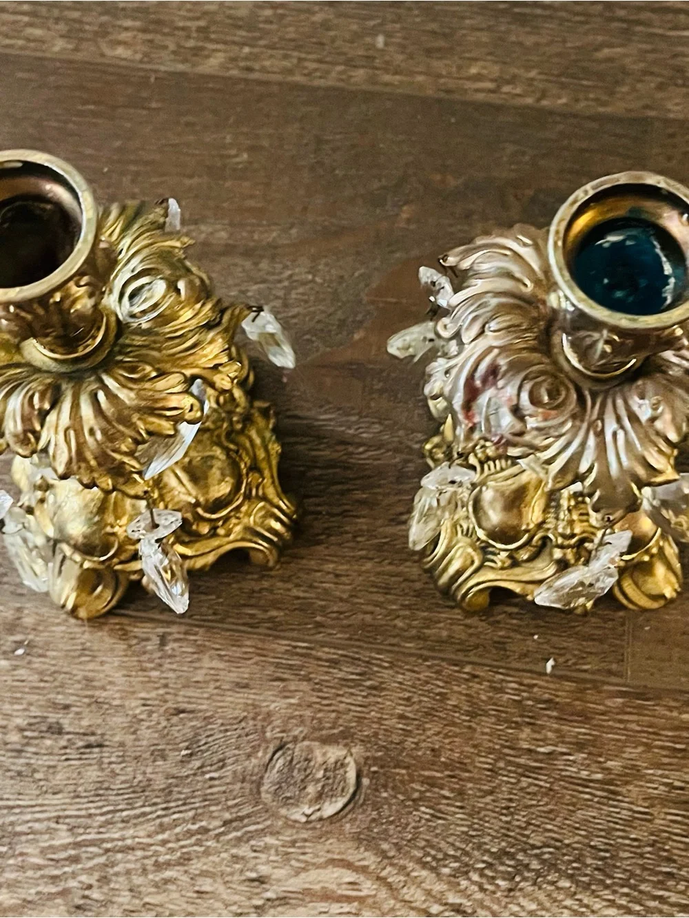 1973 Hollywood Regency-style Brass And Crystal Candle Sticks Holders 7 Inch High